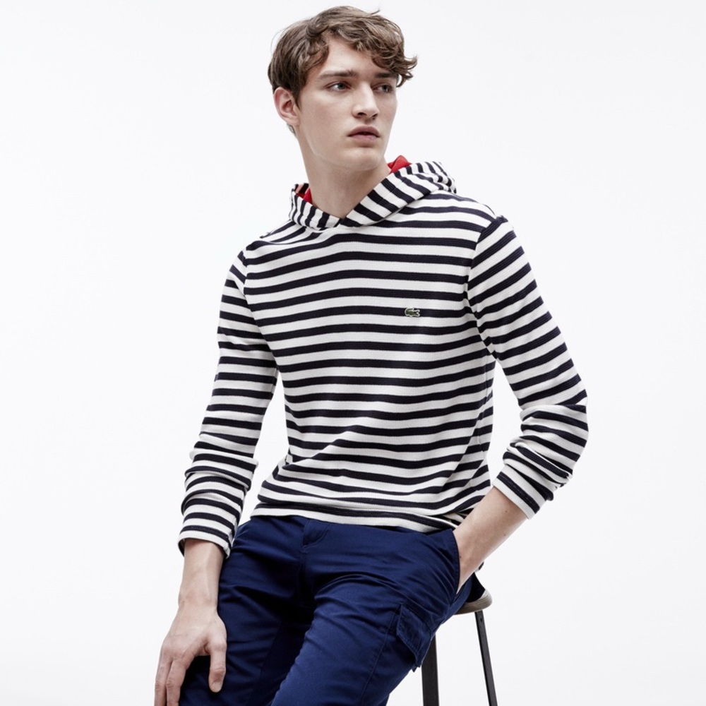LACOSTE Striped Navy and White Men's Hooded Long Sleeve Shirt